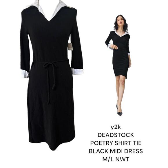 Y2K DEADSTOCK POETRY BLACK MIDI SHIRT TIE‎ DRESS M/L NWT - Picture 1 of 6